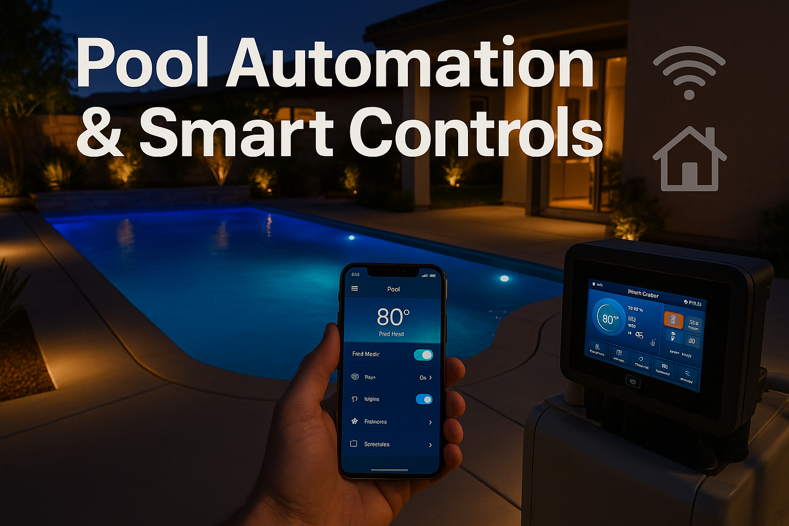 Professional landscape hero image (1536x1024) featuring bold text overlay 'Pool Automation & Smart Controls' in extra large 72pt white sans-