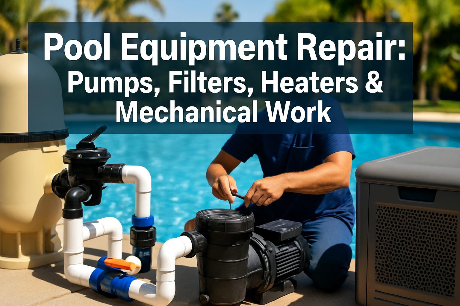 Professional landscape hero image (1536x1024) featuring bold text overlay 'Pool Equipment Repair: Pumps, Filters, Heaters & Mechanical Work'